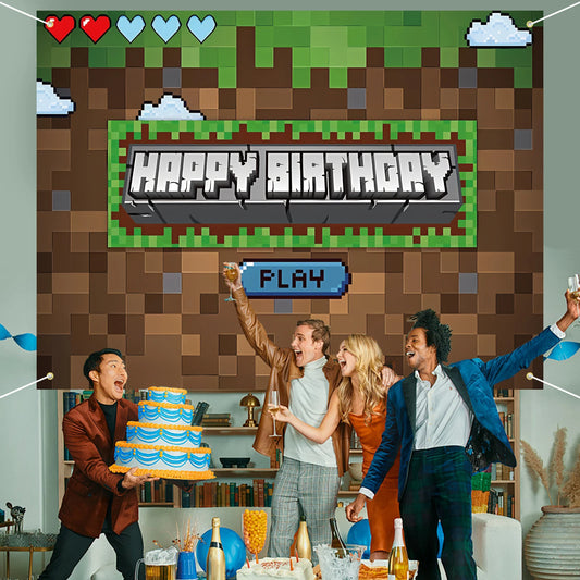Pixel Backdrop for Happy Birthday Video Game Themed Party Photography Background Mining Party Supplies Pixel Party Decoration