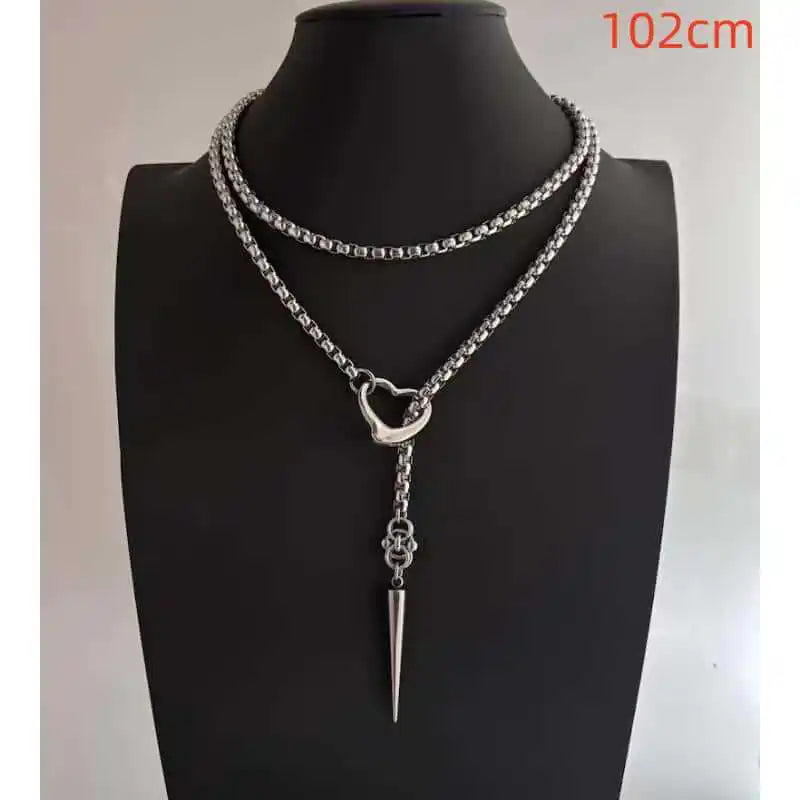 Lariat Necklace Spike Featuring Hammered O-rings Unique Chainmail Pendant Necklace - AQ-3479