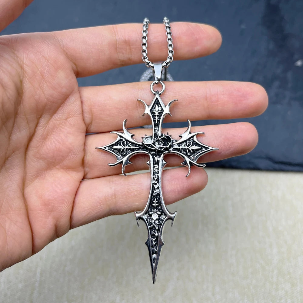 1 piece Gothic Double Sided Cross Pendant Necklace Niche Personality Design Hip Hop Retro Punk Accessories - Silver Plated /