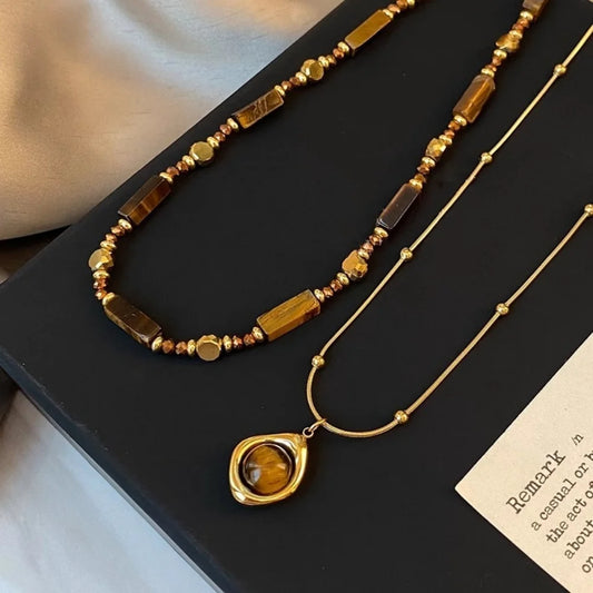 Alloy double-layer collarbone chain set jewelry retro temperament layered tiger eye stone pendant necklace for women
