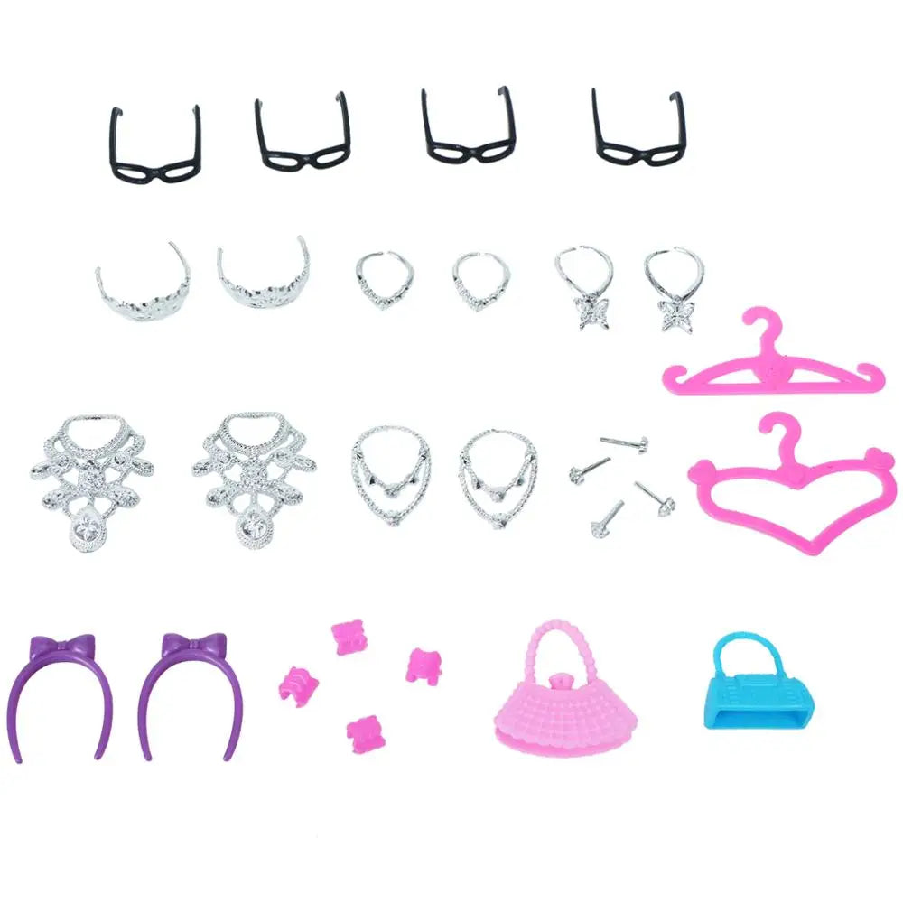 42 Item/Set Doll Accessories = 10Pcs Shoes + 8 Necklace 4 Glasses 2 Crowns 2 Handbags + 8 Pcs Doll Dress Clothes for 1/6 Doll