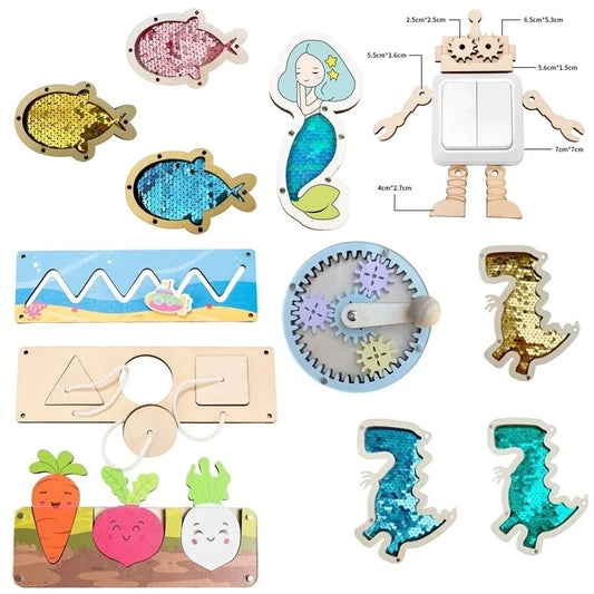 DIY Montessori Busy Board Accessories Bee Flower Gear Gate Educational Toys LED Lamp Drum Learning Wooden Game Busy Board Toy