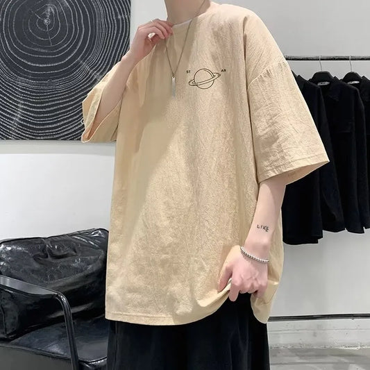 Minimalist Planet Printed Men's Casual Top M-8XL Large Size T-shirt Trendy Versatile Short Sleeve