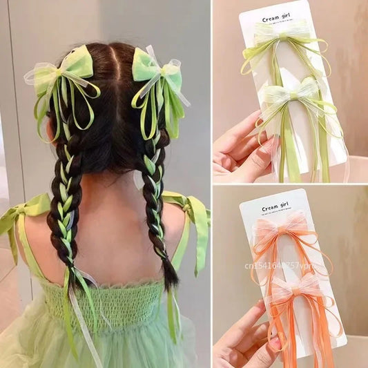1 Pair Fashion Fairy Ribbon Bow Hairpins For Kids Long Ribbon Hair Clip Barrettes Headband Headdress Girls Hair Accessories