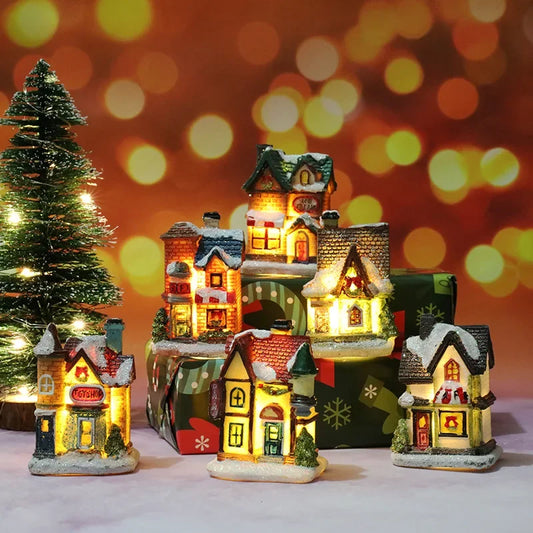 Christmas Decoration House LED Light Xmas Durable Ornaments Small Resin Mini House Miniature Village Building for Home Kids G