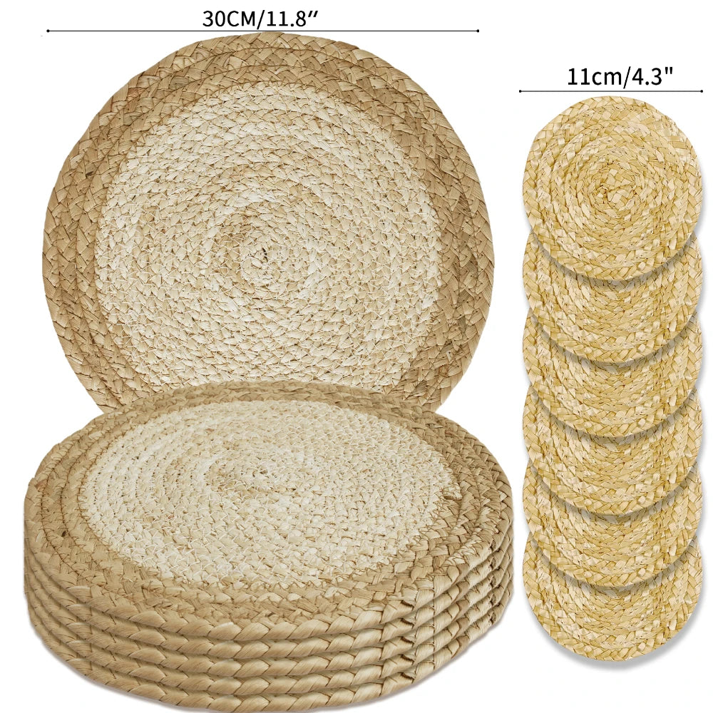 Round Braided Placemats Set of 6 Washable PP/PET Heat Resistant 34cm Table Place Mat for Kitchen Xmas Dining Table Party Deco