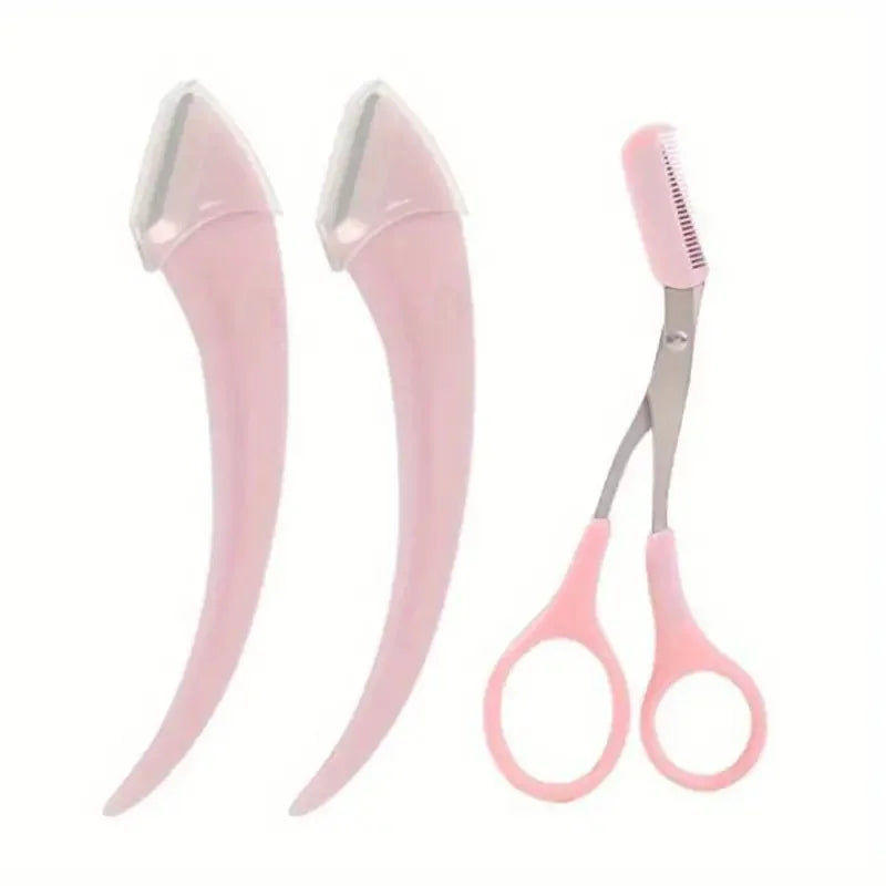 Eyebrow Trimmer Set, Curved Eyebrow Razor, Eyebrow Scissors With Comb, Convenient Easy Beauty Tools For Beginners - 3Pcs Pink