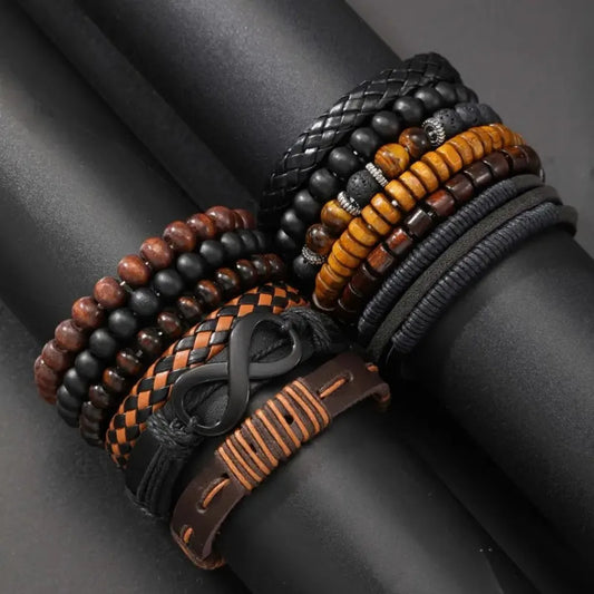 12 Pieces Vintage Woven Faux Leather Tiger's Eye & Moonstone Bead Bracelet Set for Casual Party Fashion Accessories (Box Not