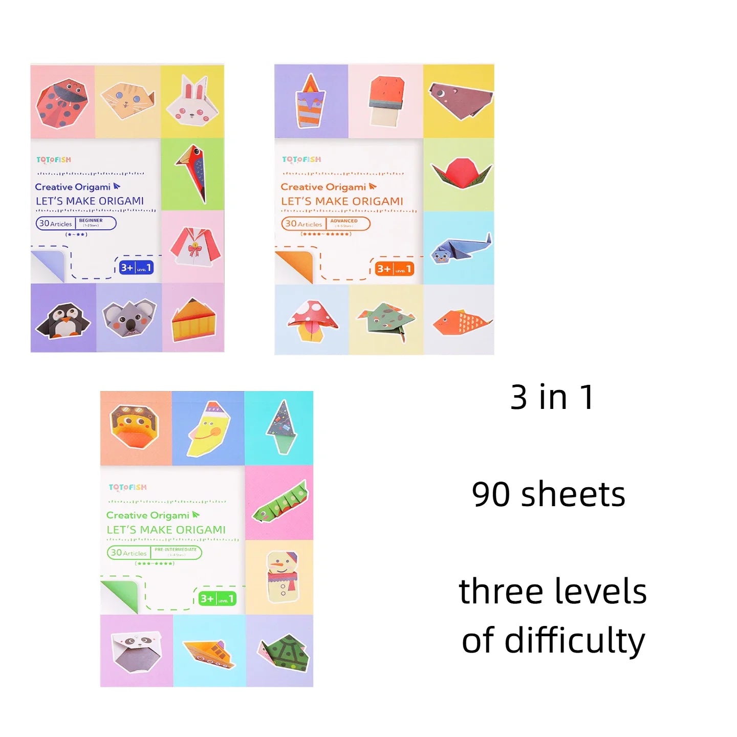 Origami Kit with 30/96 Sheets Paper & Guide Book, DIY Craft Art for Beginners kids,Multiple difficulty level challenges - 3 i