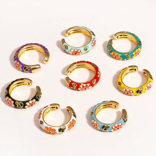 Vintage Colorful Enamel Flower Rings Trendy Geometric Female Minimalist Flower For Ladies Wedding Party Engagement Jewelry Gi