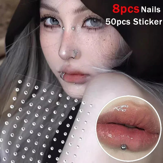 58pcs Non Piercing Lip Nails Sticker Selfadhesive Waterproof Reusable Fake Lip Nail Eyebrow Nose Ring Body Belly Button Jewel