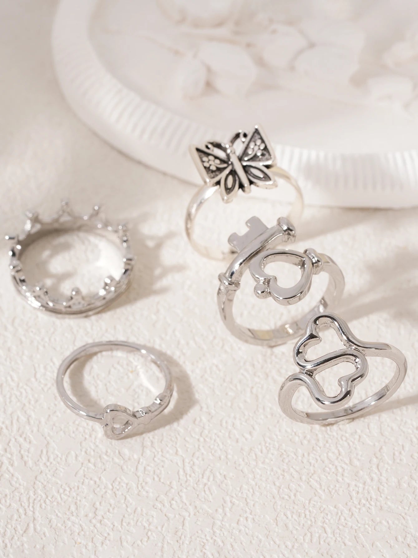 Heart Butterfly Ring Set Crown Heart-Shaped Designs Stackable Vintage Jewelry for Women, Boho Punk Fashion Accessory - silver