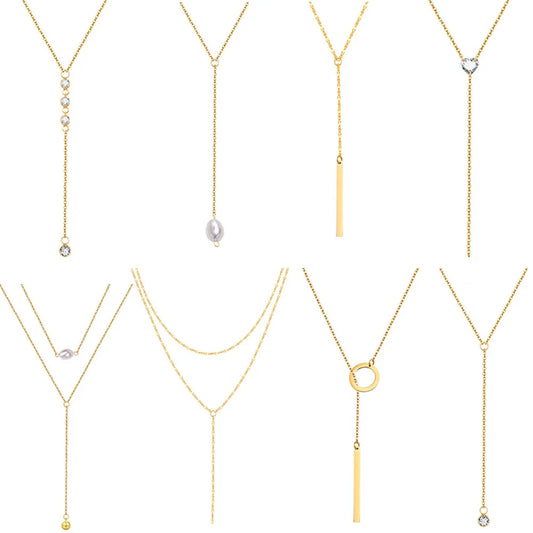 Drop Y Lariat Necklace with Bar Pendant, Stainless Steel Long Chain, Womens Necklaces Trendy