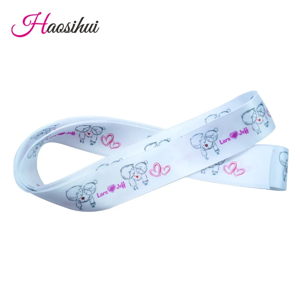 HAOSIHUI Custom Satin Ribbons Personalized Logo Printed Single Face 10~50~100 Yards Polyester for Gift Wedding Birthday DIY T