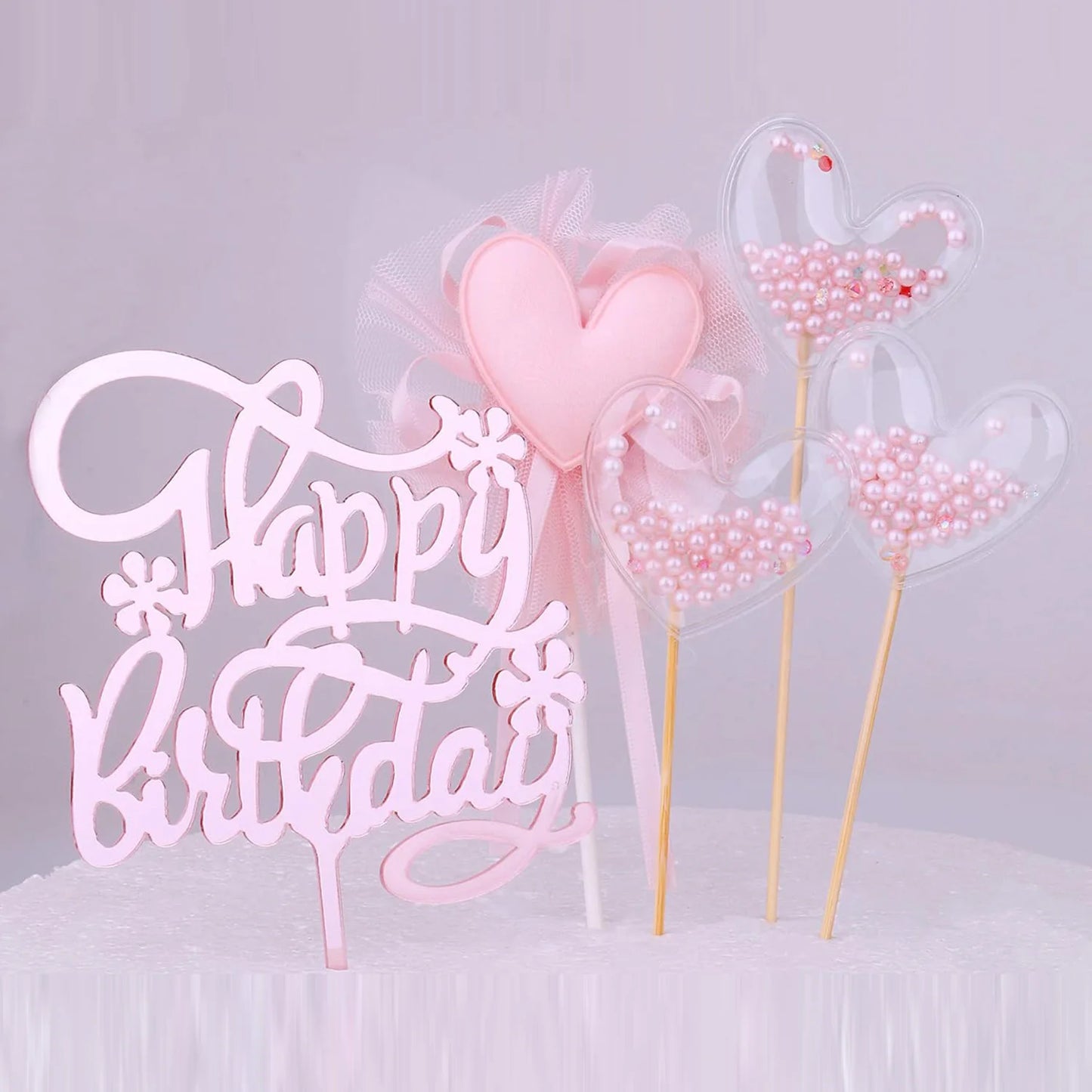 Restards Rose Gold Happy Birthday Cake Topper Heart Pink Pearls Cupcake Toppers for Girls Princess Party Decorations Supplies