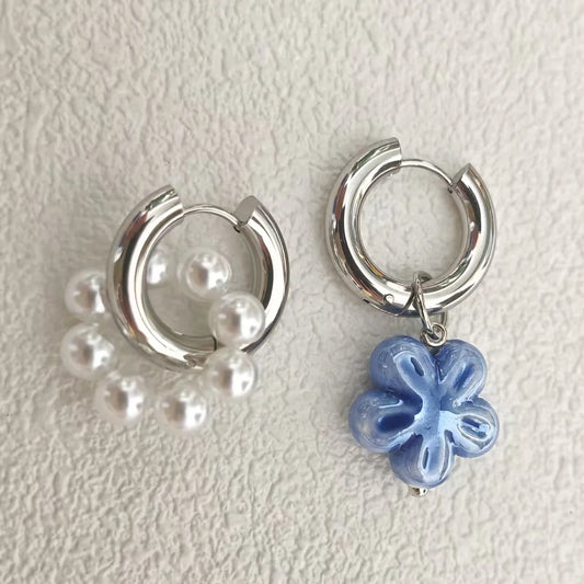 LATS Vintage Personality Imitation Pearl Blue Color Ceramic Flower Drop Earrings for Women Asymmetric Two Wears Wedding Jewer