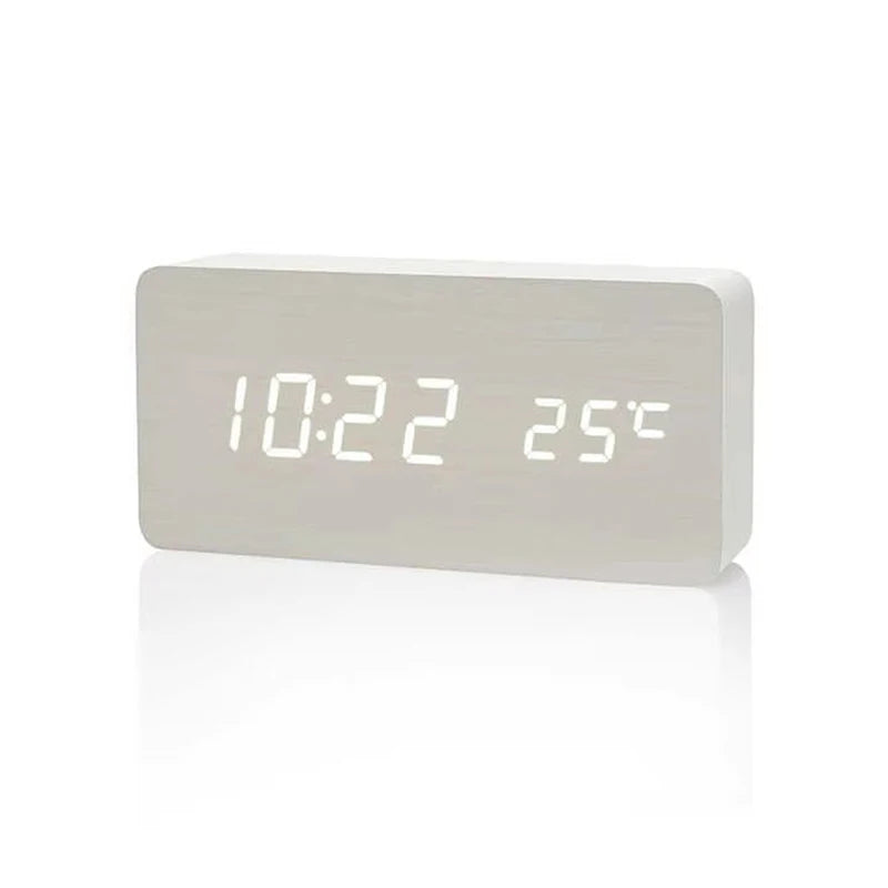 Wooden Digital Alarm Clock LED Table Clock with Temperature for Bedroom Office Desk Decorations - White
