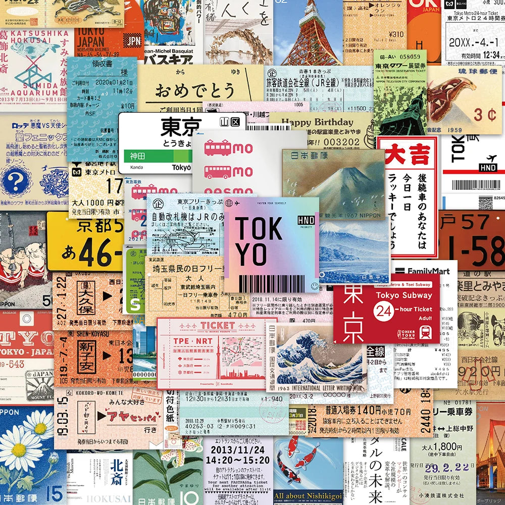 60PCS INS Style Stamp Sticker Japanese Postcard Ticket Stationery Travel Diary Luggage Waterproof Helmet Stickers - 60pcs