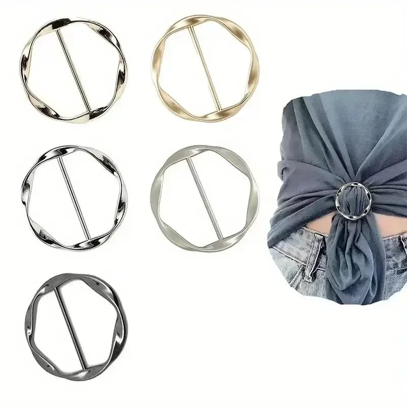 5pcs Fashion Metal Round Circle Clip Buckle Shawl T-Shirt Tie Clip Brooch Waist Buckle Versatile Clothing Ring Wrap Holder -