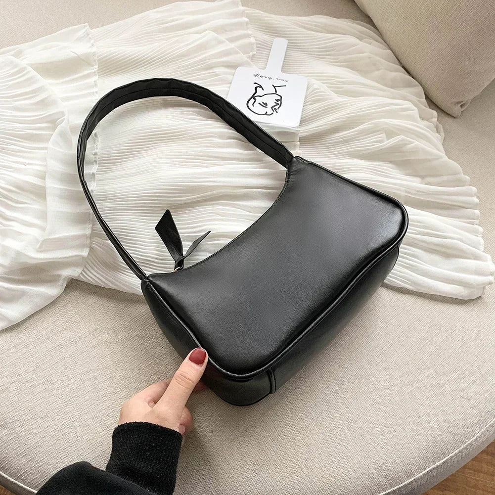 New Retro Soft PU Leather Women Shoulder Underarm Bags Casual Solid Color Small Top-Handle Handbags Ladies Fashion Shoulder B