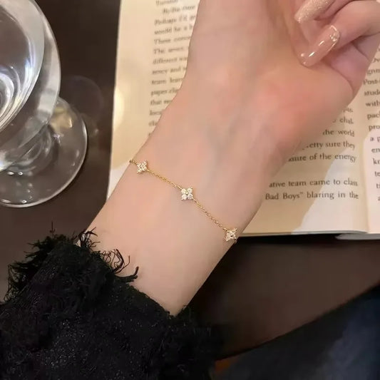 Crystal Four Leaf Flower Bracelet for Women Clasic Trendy Gold Color Stainless Steel Zircon Bangle Jewelry Gift
