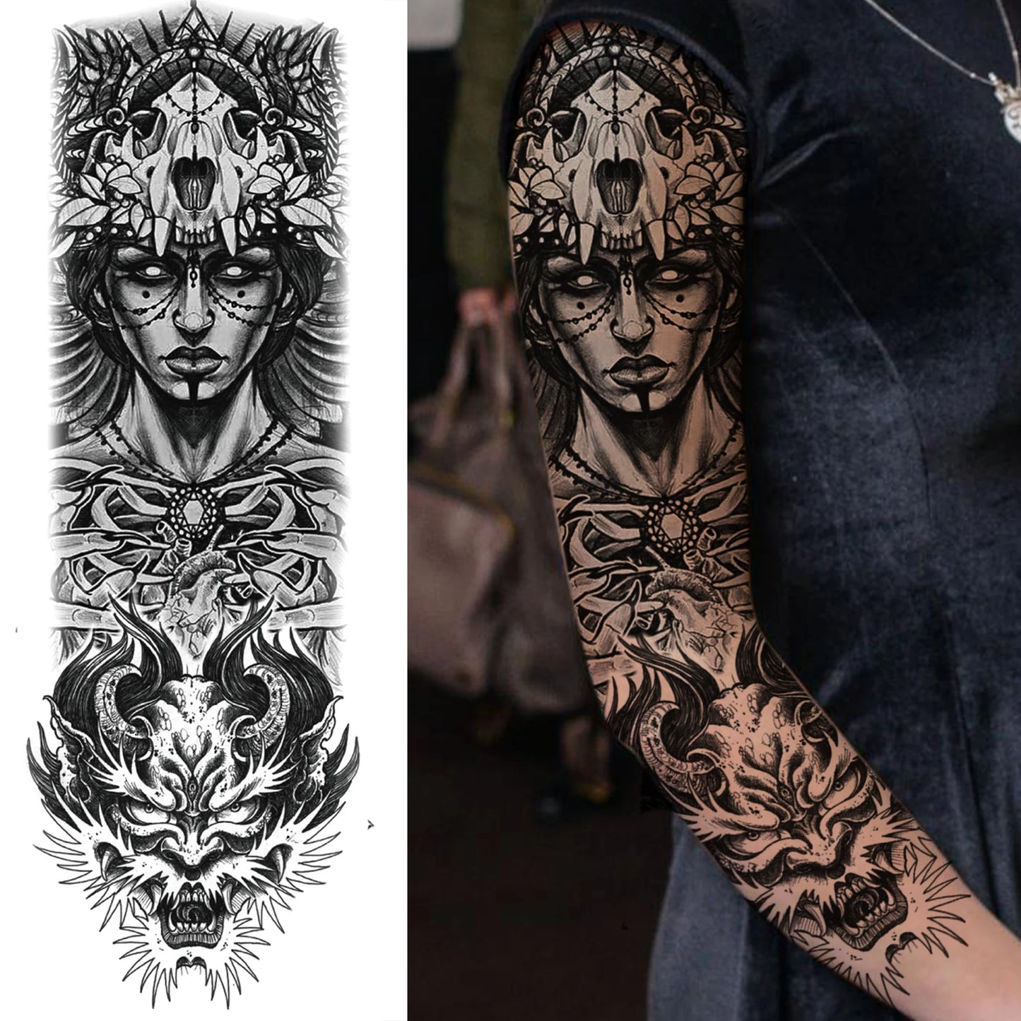 1 Sheets Wolf Lion Tiger Maori Temporary Tattoos For Men Women Adults Full Sleeve Arm Flower Rose Skull Tattoo Sticker Decor