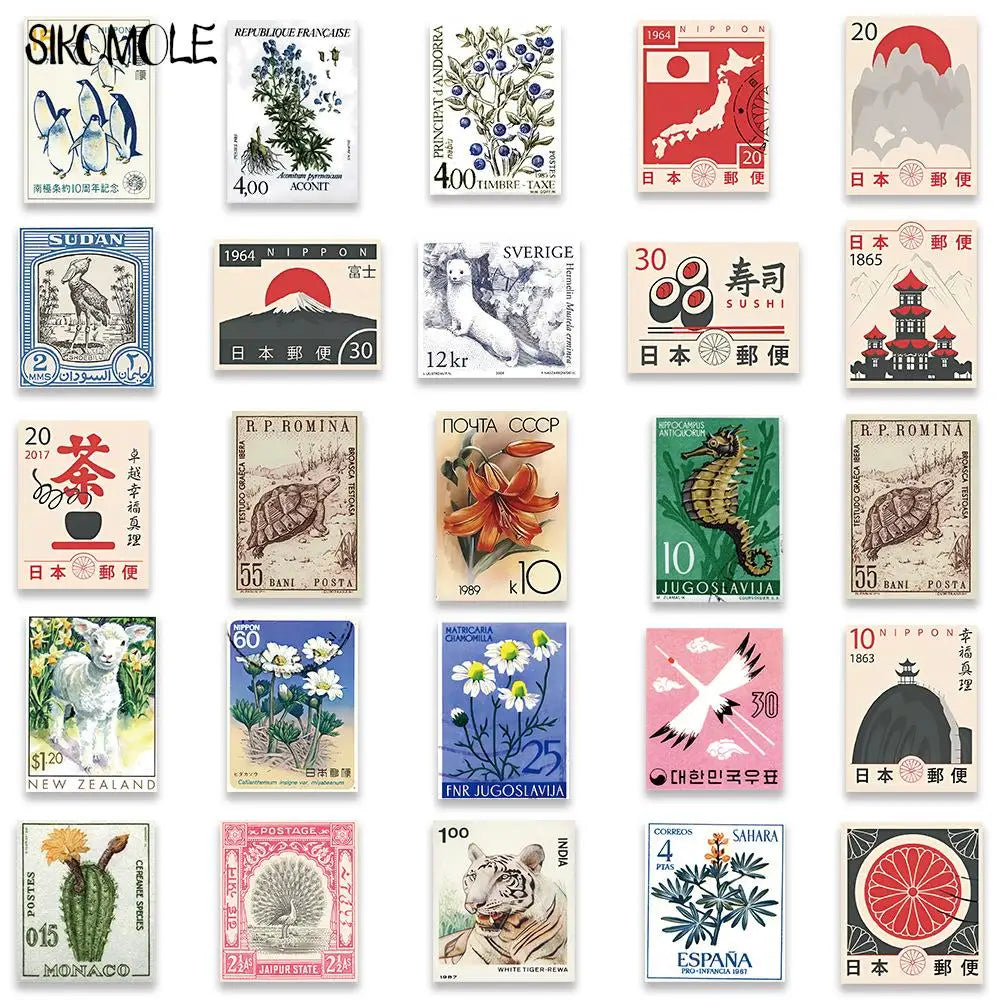 10/30/50PCS Cartoon Retro Art Stamps Stickers Japanese Style DIY Travel Luggage Guitar Fridge Laptop Graffiti Sticker Kid Dec