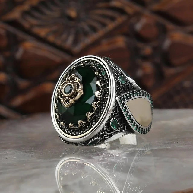 Retro Handmade Turkish Signet Ring for Men Vintage Silver Color Carving Pattern Inlay Green Zircon Party Punk Motor Biker Rin