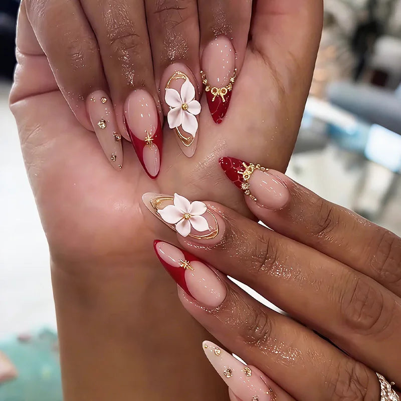 24pcs Long Almond Press on Nails False Nails with Golden Decoration Wearable Stick-on Nails Fake Nail Uñas Накладные Ногти 네일
