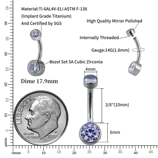 Right Grand ASTM F136 Titanium Belly Button Rings 10mm 12mm with Round CZ Internally Threaded Navel Rings Belly Bars