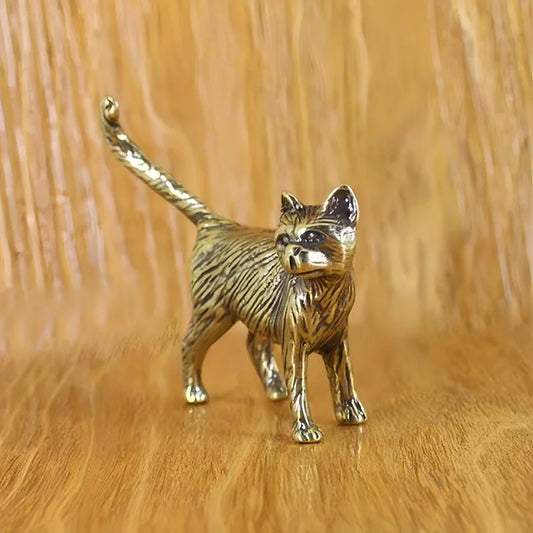 Creative Retro Brass Little Pet Cat Statue Interesting Mini Long-Tailed Cat Tabletop Ornament Miniature Home Decor Crafts Gif
