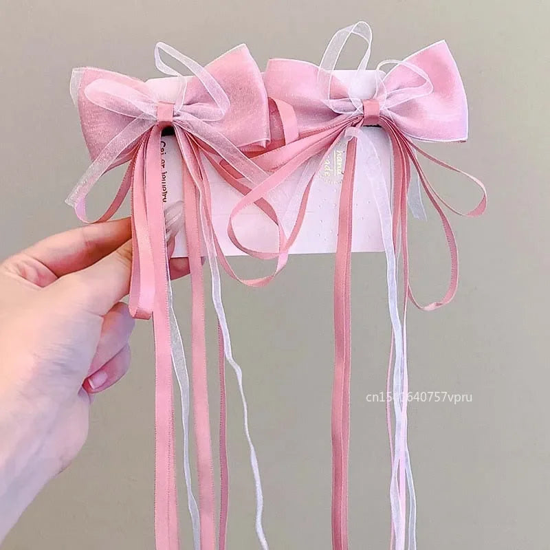 1 Pair Fashion Fairy Ribbon Bow Hairpins For Kids Long Ribbon Hair Clip Barrettes Headband Headdress Girls Hair Accessories -