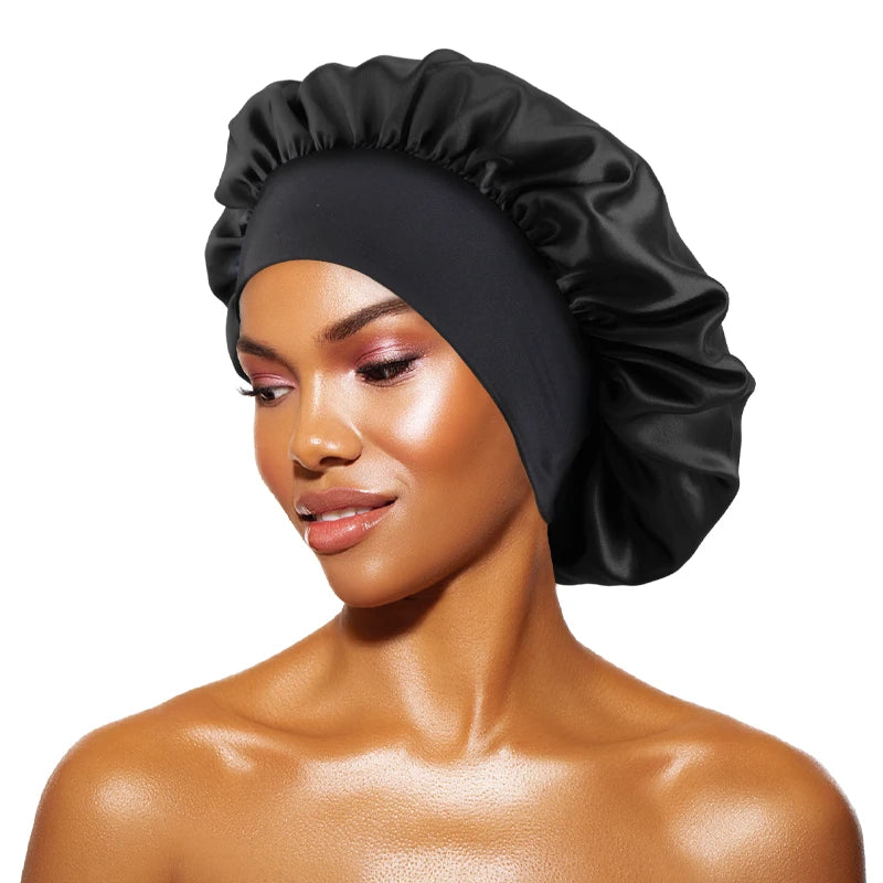 Women's Satin Solid Bonnets Wide-brimmed Night Sleeping Bathing Hat Unisex Head Wrap Elastic Band Cap Hair Care Bonnet - blac