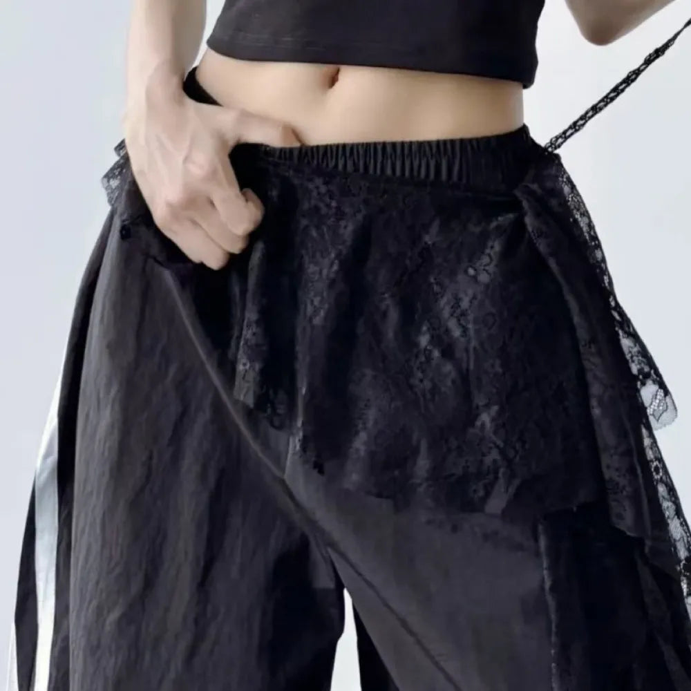Embroidered Flower Lace Mini Skirt Irregular Y2K Streetwear Ruched Skirts High Waist See Through Lace Up Ruffles Skirt - Blac