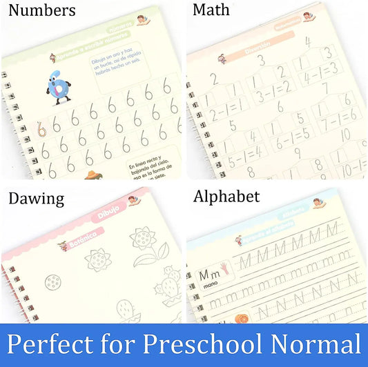 4 Books Magic Writing Book in Spanish Calligraphy Notebook Montessori Kids Reusable Educational Calligraphic Letter Practice
