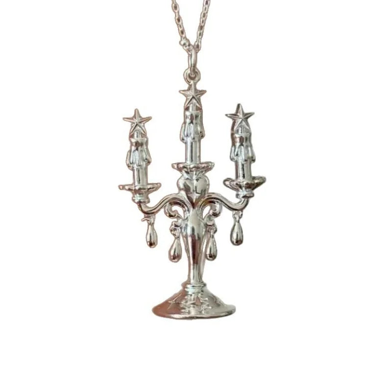2025 Vintage Silver Color Candle Holder Metal Pendant Necklace for Women Girls Sweater Chain Party Fashion Jewelry Gift