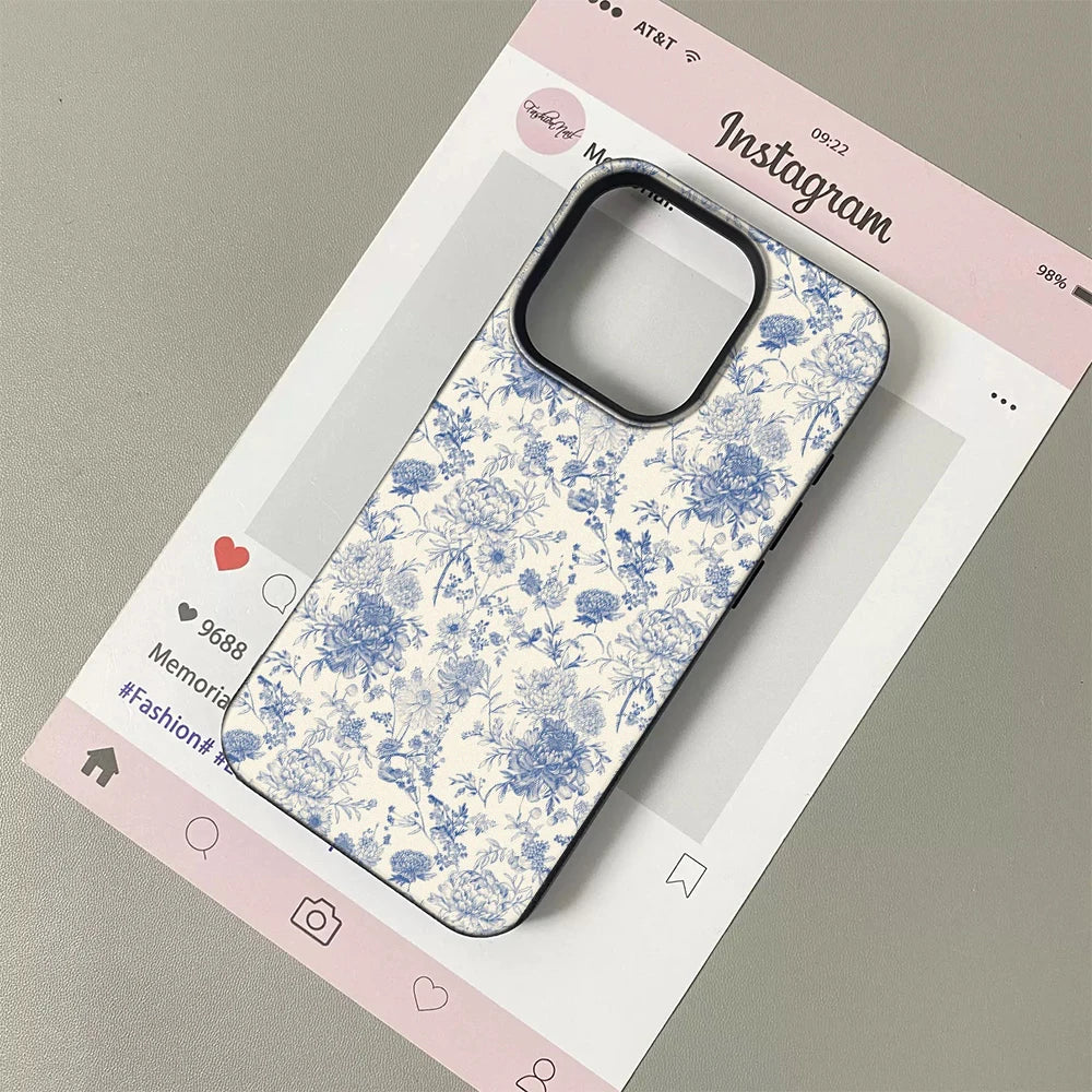 Vintage Floral Phone Case for iPhone 17 16 15 14 Plus 13 12 11 Pro Max Retro Blue Flower Pattern Shockproof TPU Protective Co