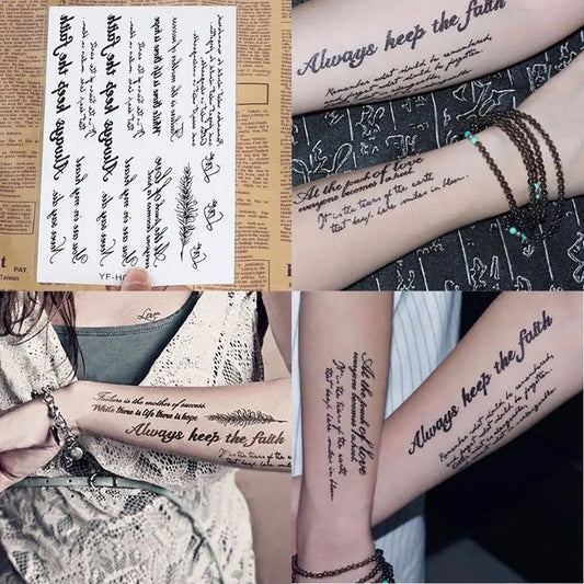 Tattoo Stickers English Word Waterproof Long Lasting Realistic Transfer Temporary Black Letters Feather Body Art For Men Wome