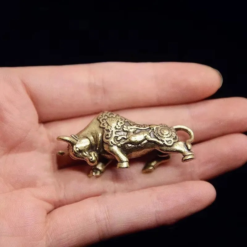 Brass Bullfighting Statue, Lucky Copper Animal Figurine, Wealth Bringing Miniature Ornament for Home & Office Desk Decor