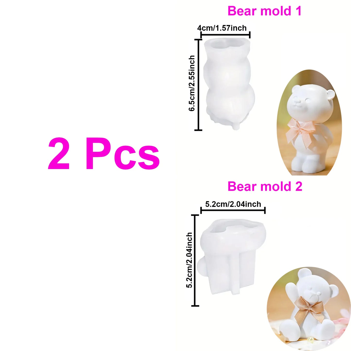Adorable Bear Silicone Mold - DIY Cute Bear Perfect for Candle Making, Plaster Crafts and Home Decoration Gifts - 2 Pcs Bear