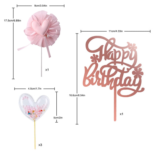 Restards Rose Gold Happy Birthday Cake Topper Heart Pink Pearls Cupcake Toppers for Girls Princess Party Decorations Supplies