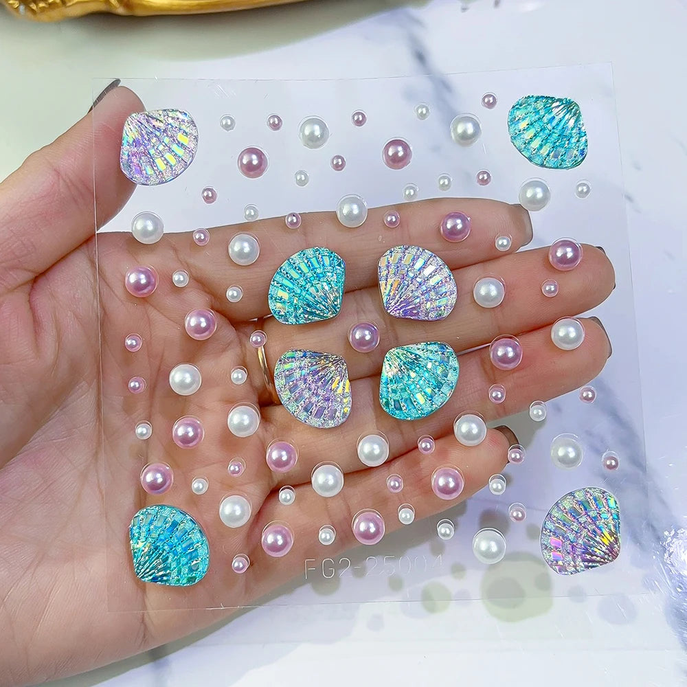 Face Stickers 1Sheet 3D Shell Pearl Gems Mermaid Diamond for DIY Body Art Stage Makeup