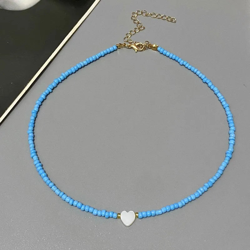 New Nature Shell Love Heart Choker Necklace for Girl Spring Summer Fashion Small Colorful Glass Beads Necklace Gift for Frien