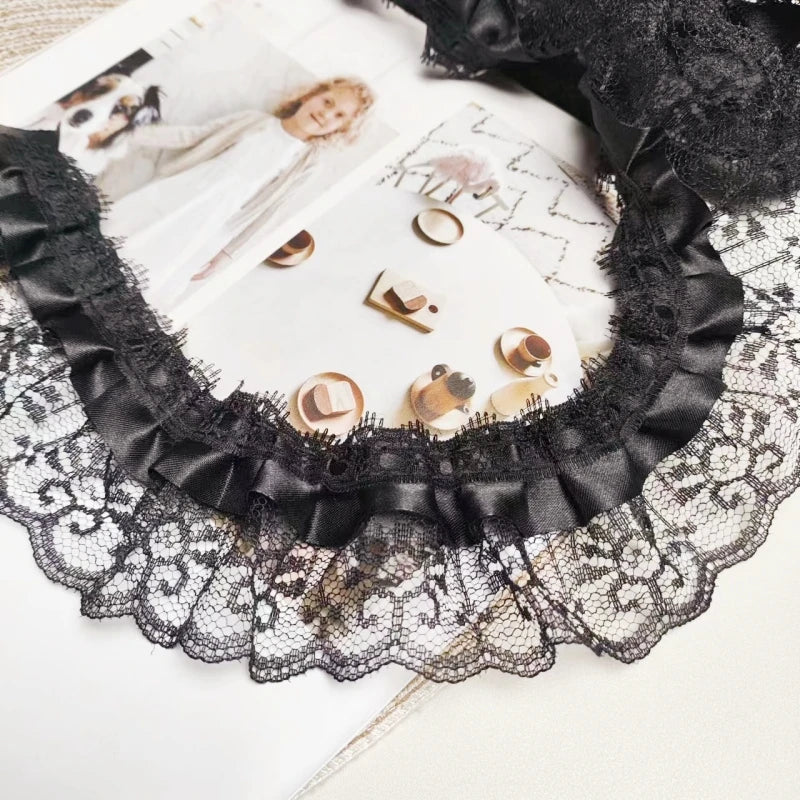 Black double jacquard pleated tulle lace DIY handmade crafts doll dress skirt picture frame flower basket border decoration -