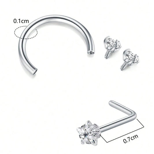 6/2pcs Horseshoe Nose Rings With L-Shape Nose Stud, Stainless Steel Rianbow CZ Nose Ring,, Lip Eyebrow Helix Ear Piercing