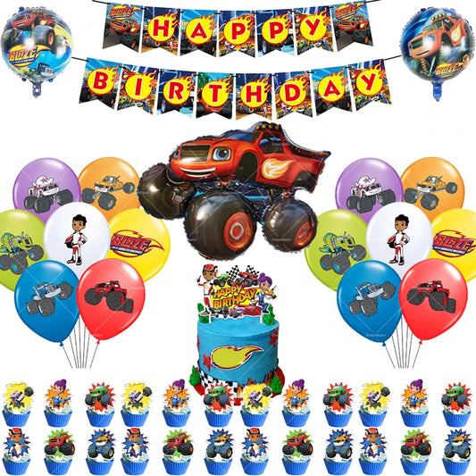 Blaze Monster Balloons Machines Race Car Happy Birthday Banner Party Decoration Cake Topper Disposable Tableware Background B