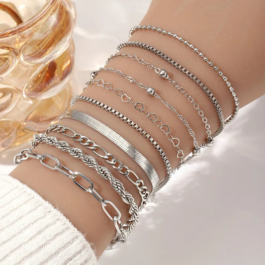 10 Pcs Vintage Statement Gold Color Flat Snake Chain Box Chain Bracelet Boho Multi-layer Metal Bracelet Women's Summer Jewelr