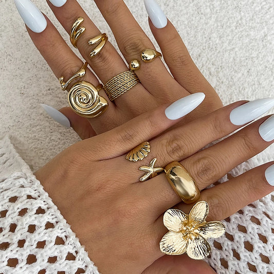Ingemark 8Pcs/Set Vintage Metal Petal Flower Water Drop Open Rings for Women Trend 2025 Goth Geometric Ring Daily Jewelry Gif