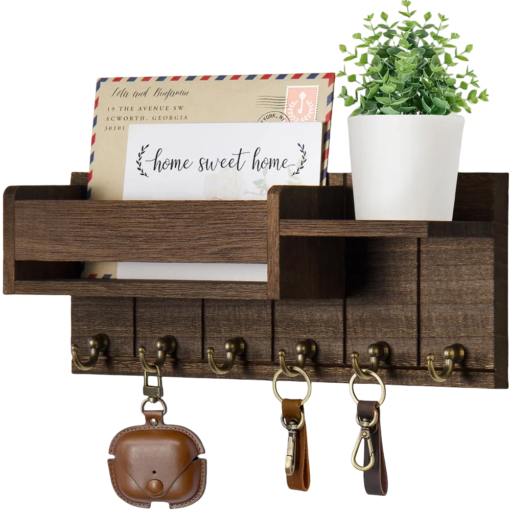 Decorative Key Rack and Mail Organizer with 6 Key Hooks Rustic Wood Key Holder Wall Mounted with Shelf for Living Room Enterw