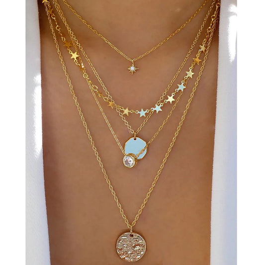Vintage Gold Color Multiple Styles Necklace For Women Trendy Multi-Layer Disc Pendant Necklaces New Tendyaces Set Jewelry Gif